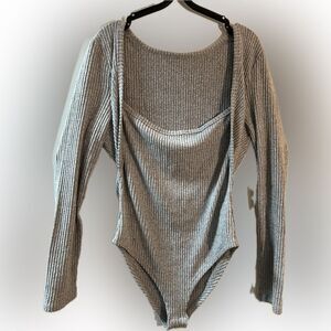 Ribbed Knit Square Neck Long Sleeve Bodysuit Grey M L XL Stretch